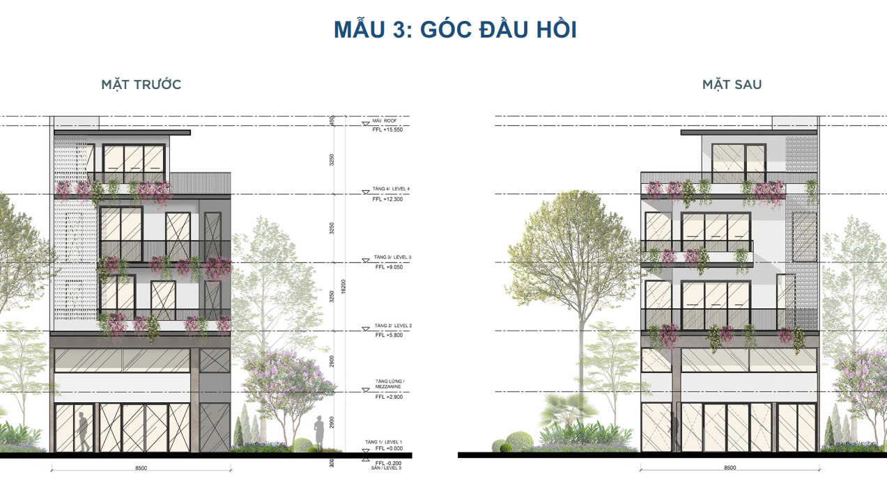 mặt cắt shophouse all blue đầu hồi eco village saigon river