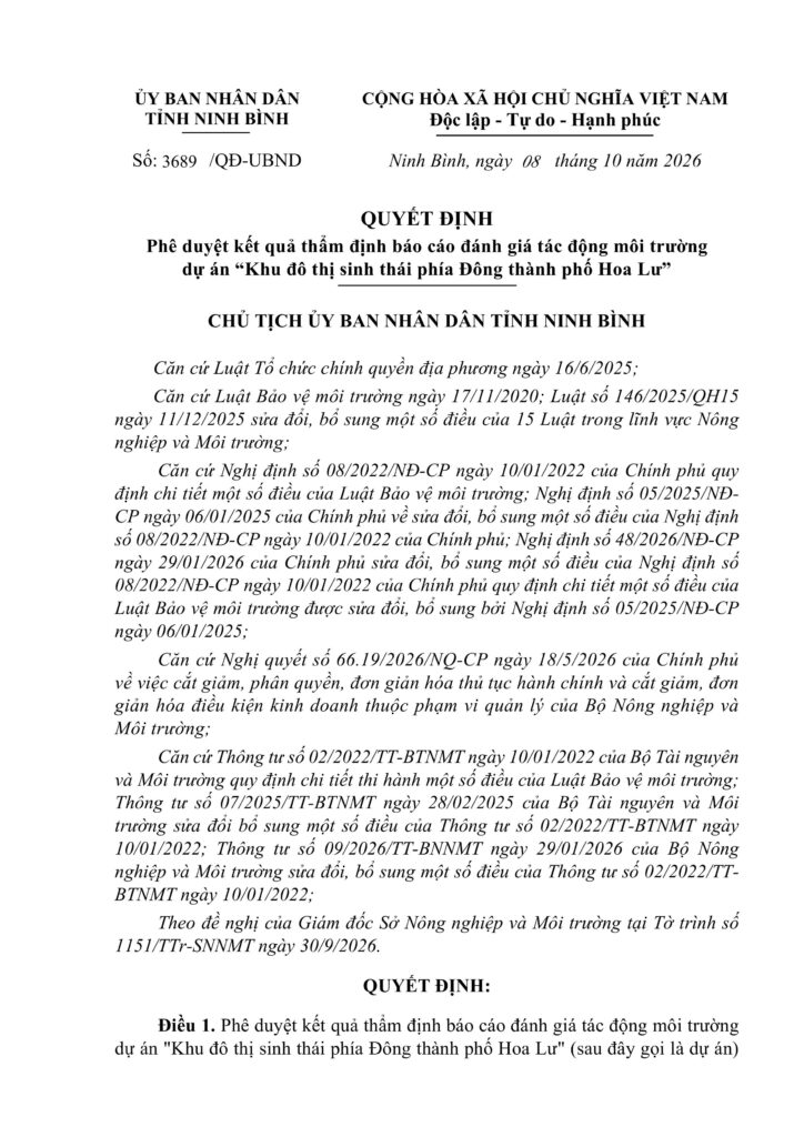 25 Tháng 10, 2026 22. QD phe duyet DTM DA KDT sinh thai phia Dong thanh pho Hoa Lu 1 images 0